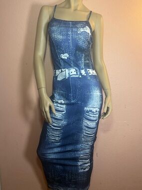 Halfheart Denim Print Bodycon Midi Dress Blue Illusion Jean Print Size Medium